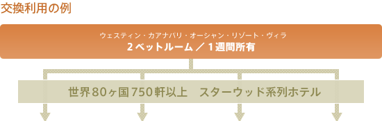 交換利用の例:2ベットルームの1週間所有オーナーの場合 ウェスティン・カアナパリ・オーシャン・リゾート・ヴィラ 2ベットルーム/1週間所有 世界80ヶ国750軒以上 スターウッド系列ホテル